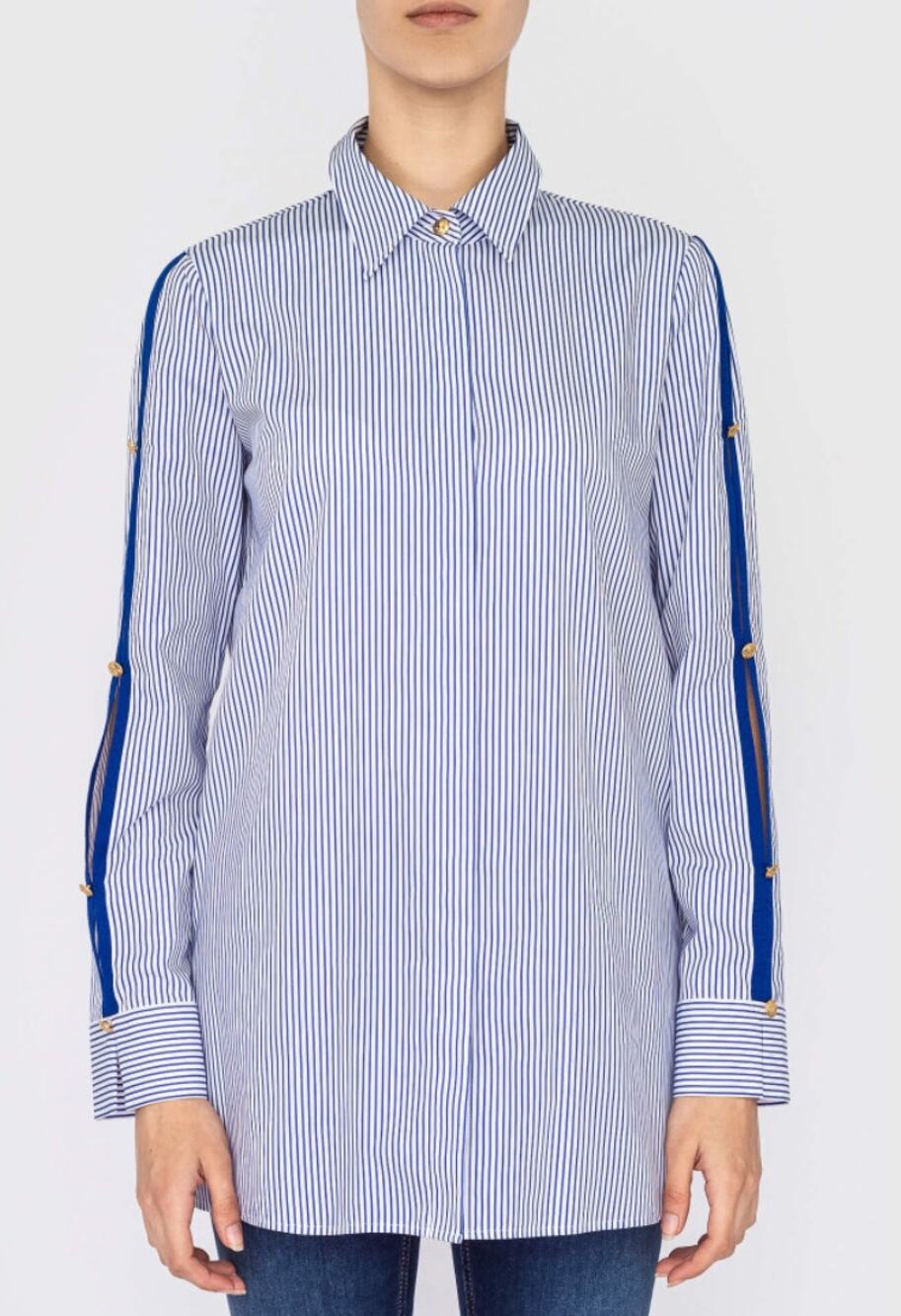 ESCADA ES Blue Striped Button Down Blouse Split Sleeve Sz 38 / 6 Small Tunic Top